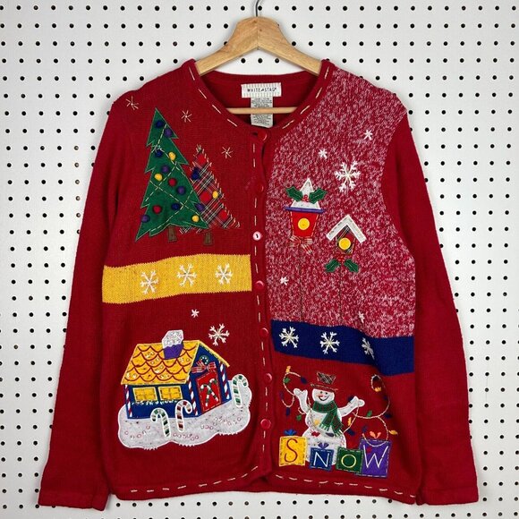 Vintage Christmas Holiday Cardigan Sweater Women's Large Red Button Grandma 90s - Picture 2 of 6